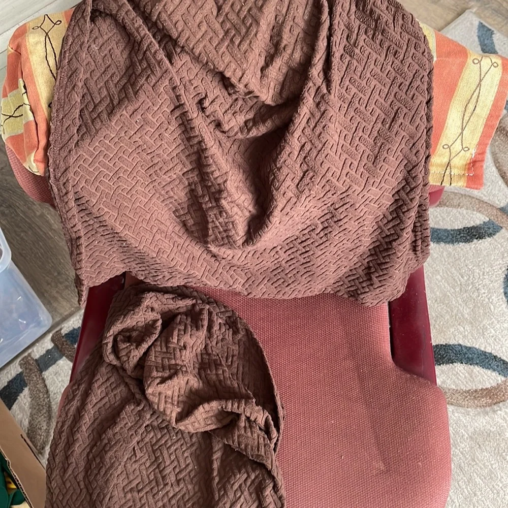 Two brown armchair covers and one striped a chair arm cover MASON ARM PROTECTORS